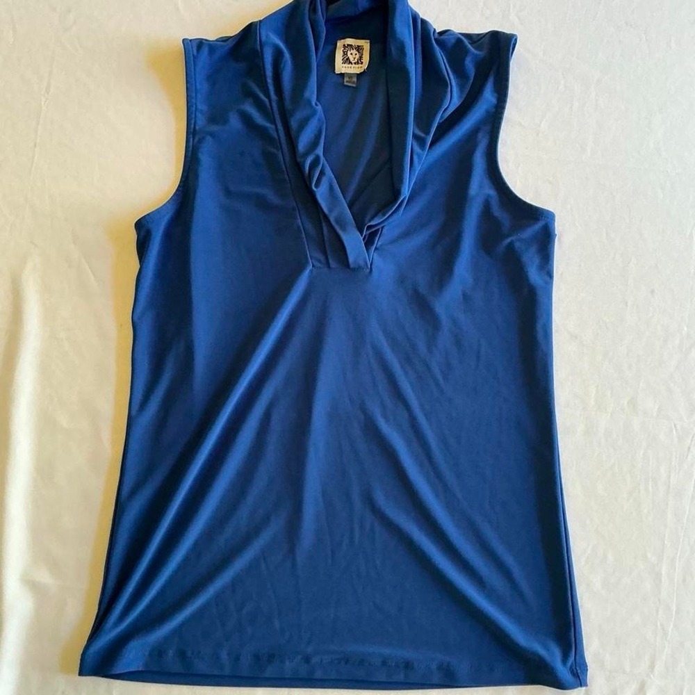 Anne Klein Womens Cobalt Blue Sleeveless Draped Shawl‎ Collar V-Neck Blouse XS